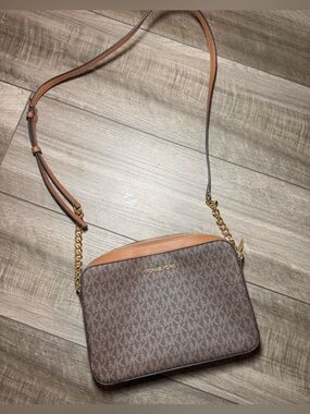Michael Kors Brown Signature Logo Crossbody with Tan Trim